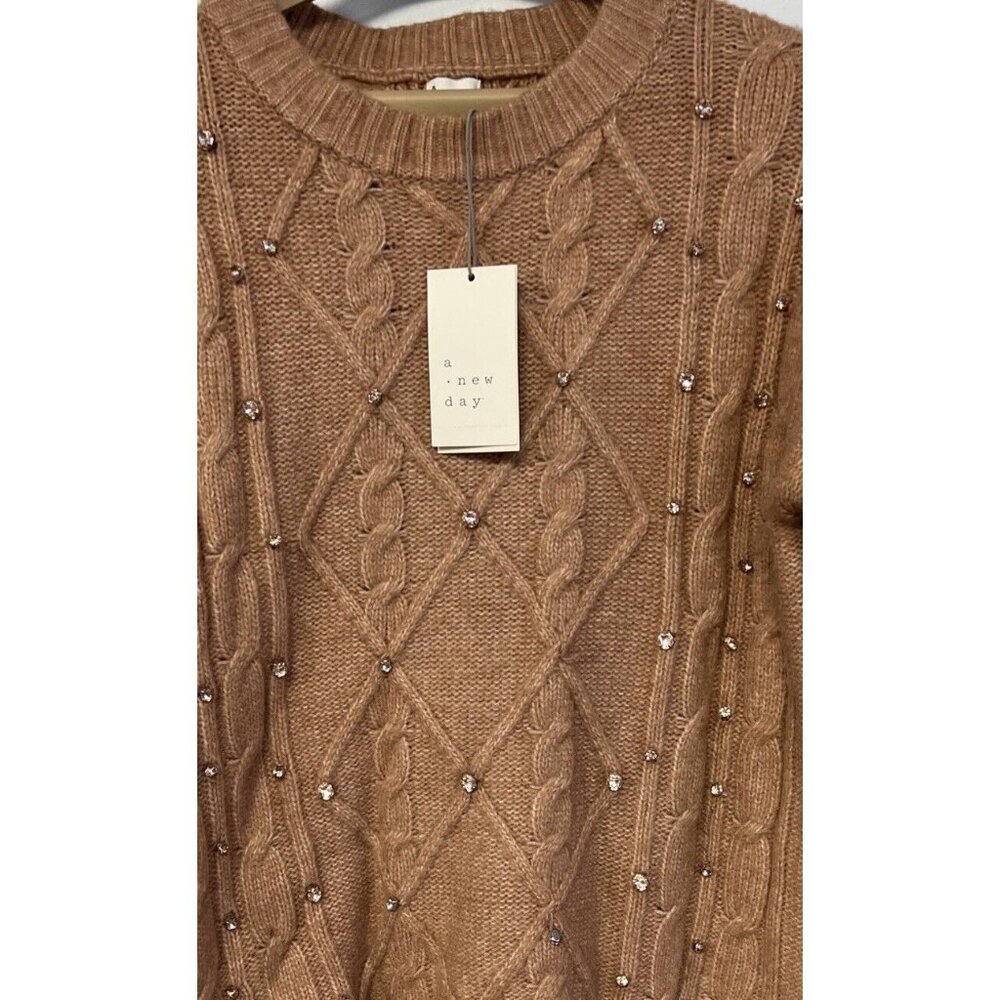 NWT A New Day Womens Cable Knit Sweater W/ Rhinestones Light Brown Small - Picture 3 of 8